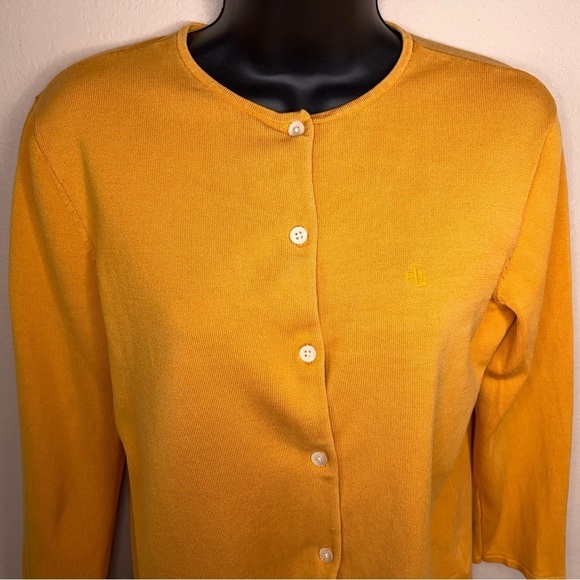 Small Lauren Ralph Lauren Silk Blend Yellow Knit Cardigan Button Front Preppy - Picture 5 of 14